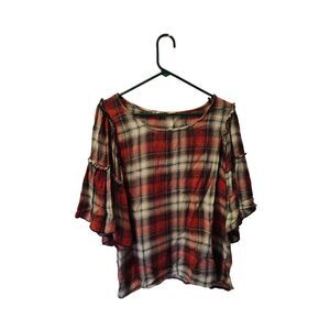 Melissa McCarthy Seven7 Women's Red Plaid Large 3/4 Balloon Sleeve Top